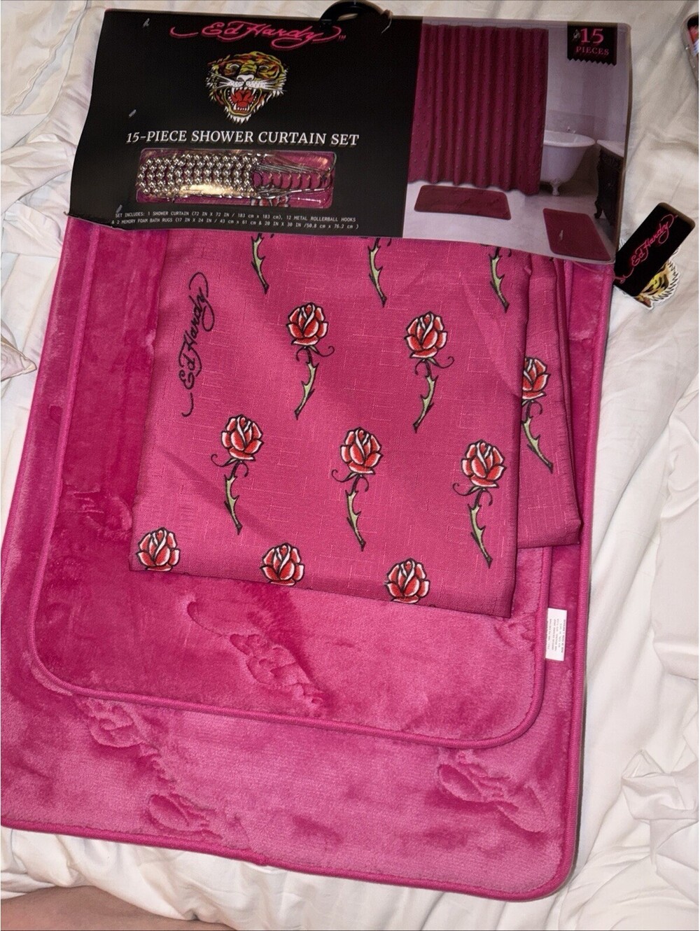 Ed Hardy 15pc Shower Curtain Set Hot Pink Rose Flowers Rugs NWT